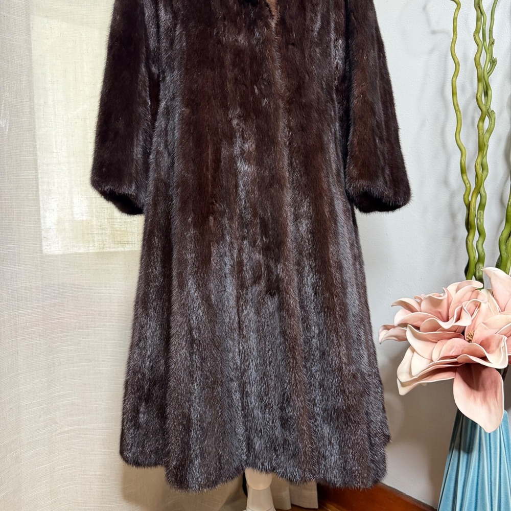 Vintage Mink Fur Coat Full Length Brown Floral Embroidered Lining Women's Medium - Picture 6 of 16